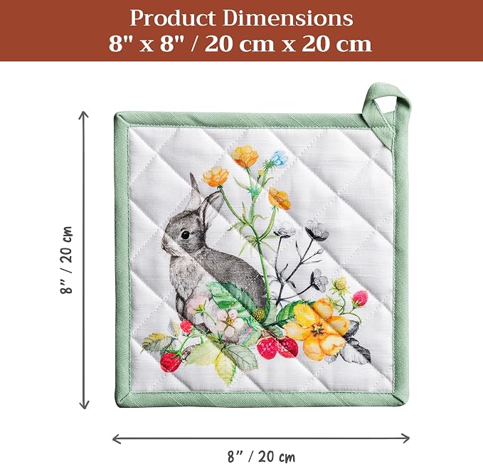 Maison d' Hermine Pot Holders 100% Cotton Potholders (8" x 8", Pack of 2) | Heat Resistant Hot Pads with Loop BBQ Cooking Baking Farmhouse Kitchen Handling Hot Pans Spring Summer - Printemps
