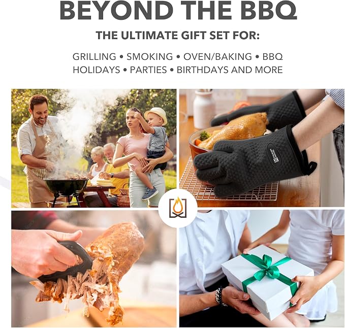 Ultimate 5-Piece BBQ Gift Kit | Smoker Gloves, Meat Claws, Instant-Read Thermometer, Timer & Brush | No.1 Heatproof Silicone Smoker Mitts & Pulled Pork Claws for Barbecue, Grilling, Smoking, Shredding