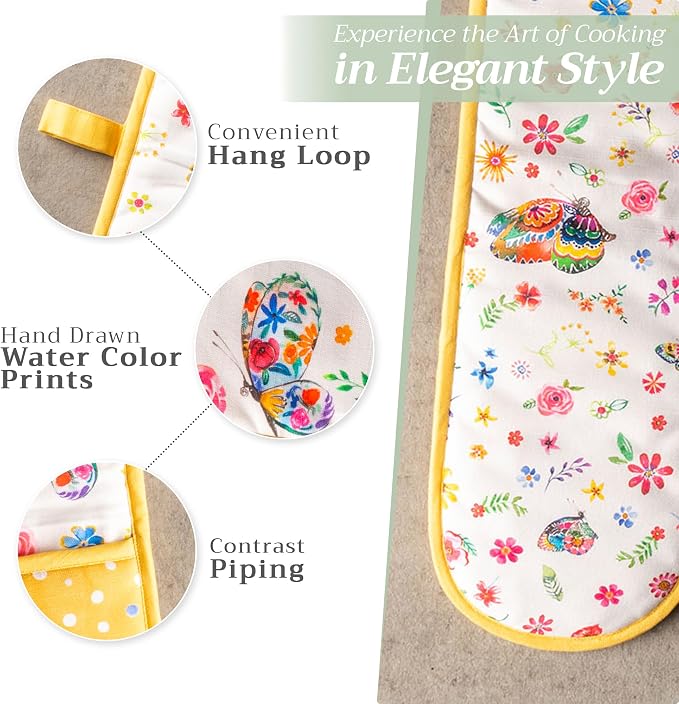 Maison d' Hermine Double Oven Mitts 100% Cotton Double Oven Glove (7"x35") | Heat Resistant BBQ Cooking Gloves with Loop Baking Grilling Kitchen Home Farmhouse Spring Summer - Happy Florals - Sweety