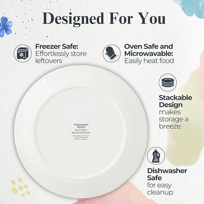 Portmeirion Potter's Brushstroke Dinner Plate (Set of 4) - 10.5" Earthenware Plates with Classic Brushstroke Rim - Microwave, Dishwasher, Freezer, Oven Safe - Ideal Modern Dinnerware Set (Blue)