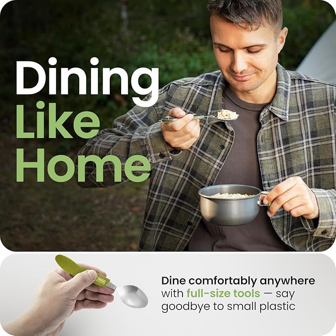 Orblue 4-in-1 Camping Eating Utensils, 2-Pack - Portable Spoon, Fork, Knife & Bottle Opener Combo Set - Stainless Steel Flatware with Detachable Fork - Travel, Backpacking Cutlery Multitool, Green