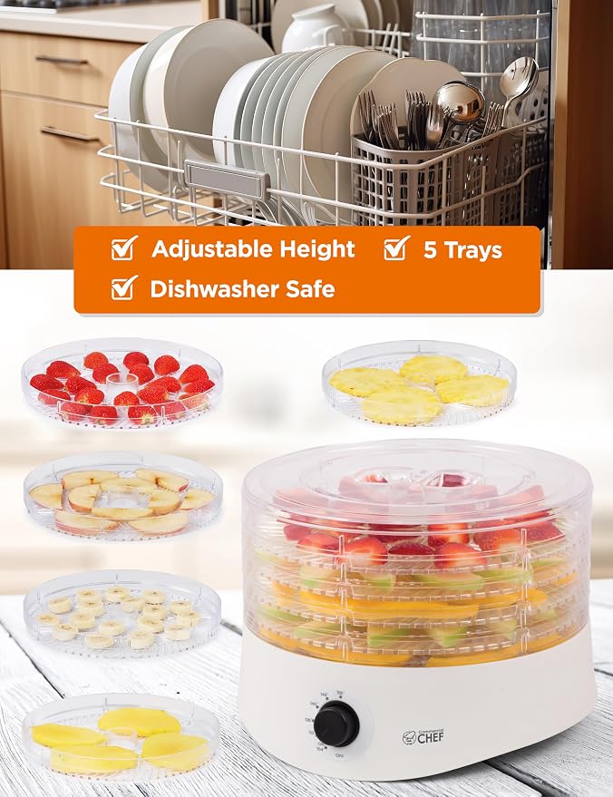 Commercial Chef Food Dehydrator, Five 9.25” BPA-Free Trays, CCD100W6, White | Dehydrates and Dries Meat, Fruit, Veggies and Jerky, 280W Dehydration Machine, Adjustable Thermostat