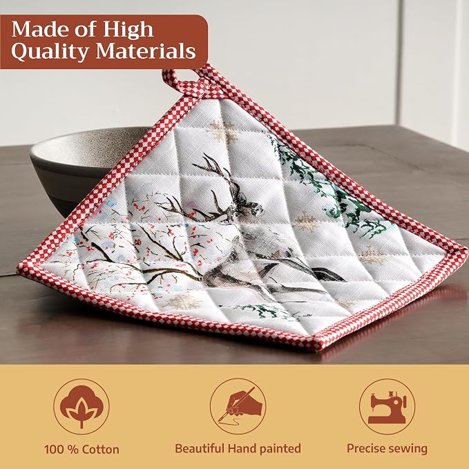 Maison d' Hermine Pot Holders 100% Cotton Potholders (8" x 8", Pack of 1) | Heat Resistant Hot Pads with Loop BBQ Cooking Baking Hotel Kitchen Handling Hot Pans Thanksgiving Christmas - Rural Christmas