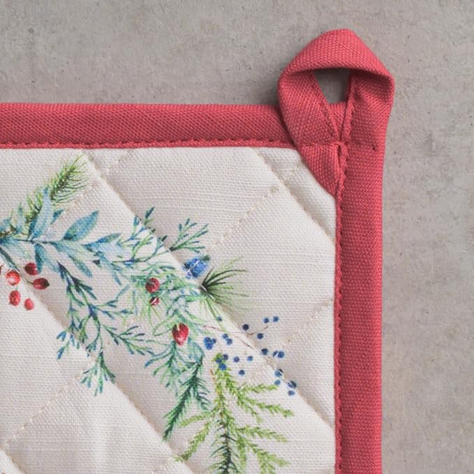 Maison d' Hermine Pot Holders 100% Cotton Potholders (8" x 8", Pack of 2) | Heat Resistant Hot Pads with Loop BBQ Cooking Baking Hotel Kitchen Handling Hot Pans Thanksgiving Christmas - Holly Time