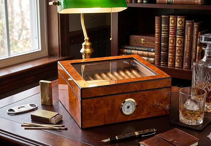 Cigar Humidor Case, Holds 25-50 Cigars, Tempered Glass Top Display, Handcrafted Spanish Cedar Wood Desktop Cigar Box with Divider, Humidifier, Hygrometer, Burlwood Blond,