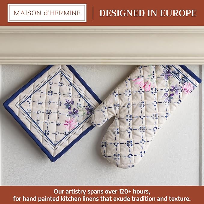 Maison d' Hermine 100% Cotton Oven Mitt & Pot Holder Set (7.5"x13" & 8"x8") | Heat Resistant BBQ Cooking Gloves with Loop Baking Grilling Kitchen Hotel Home Farmhouse Spring Summer - Faience