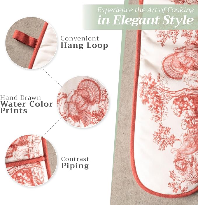 Maison d' Hermine Double Oven Mitts 100% Cotton Double Oven Glove (7"x35") | Heat Resistant BBQ Cooking Gloves with Loop Baking Kitchen Home Hotel Farmhouse Thanksgiving Christmas - Holy Jouy - Red
