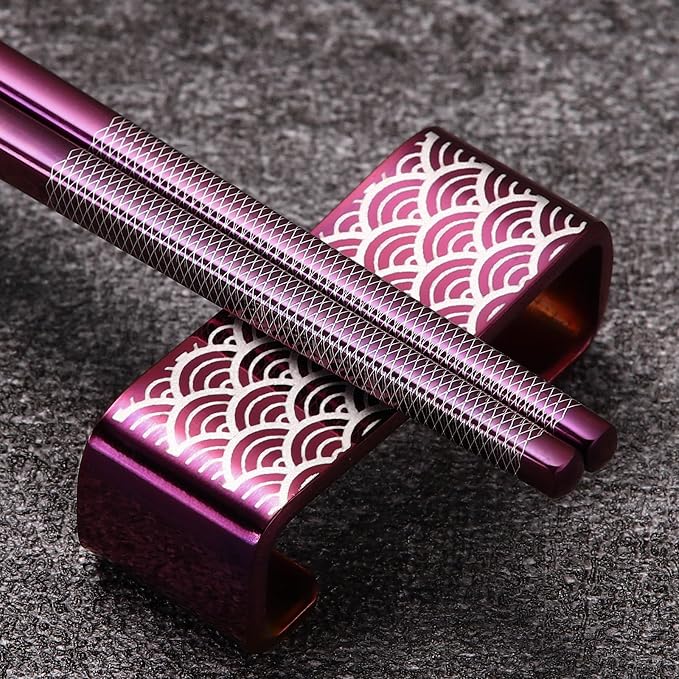 Metal Chopsticks Reusable 2 Pairs Titanium Stainless Steel 18/8 Chopsticks with Holder, Dishwasher Safe Lightweight Japanese Style Chopsticks Gift Set (Purple)