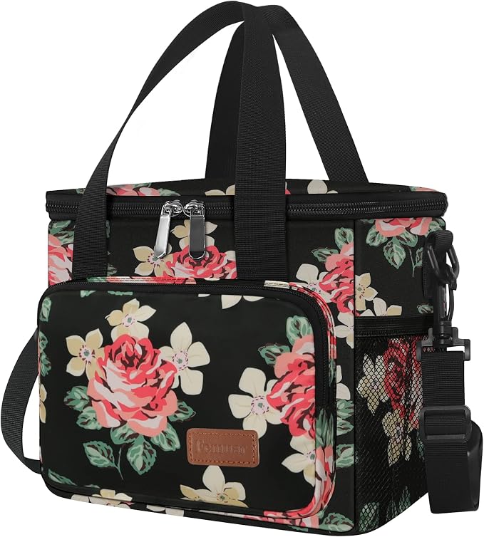 Lunch Bags for Women/Men, Insulated Lunch Bag for Work Office Picnic - Lunch Cooler Bag Leakproof Lunch Box with Adjustable Shoulder Strap - Black Floral