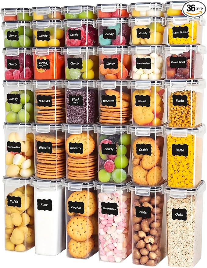 36 PCS Airtight Food Storage Containers with Lids, Plastic Kitchen and Organization Canisters for Cereal, Dry Food, Flour and Sugar, BPA-Free, PVC-Free, Includes Labels & Marker