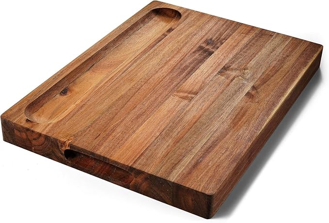 XL Acacia Wood Cutting Board (20x15x1.5in) and Wooden Butcher Block, Chopping Board-Reversible Multipurpose For Meat, Cheese Board, Vegetables, Bread with Juice Groove, Cracker Holder & Inner Handles