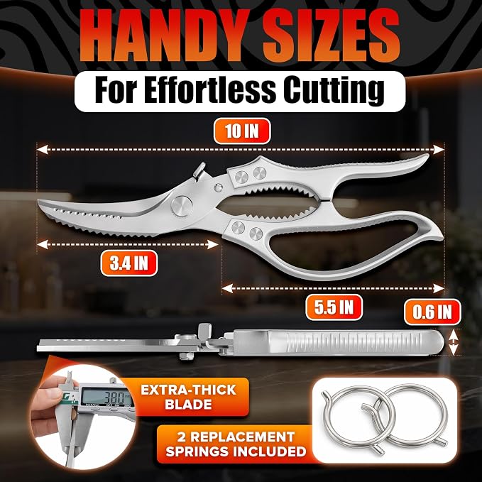 Stainless Steel Poultry Shears, Hardened Blades, Safety Lock | Heavy Duty Kitchen Shears for Food with Nutcracker and Fish Descaler; Spring-Loaded to Cut Chicken, Turkey, Meat and Bone
