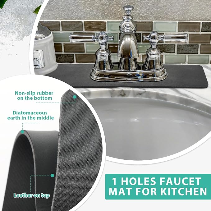 Tioncy 2 Pcs Faucet Mat Sink Splash Guard Oval-hole Oval Splash Pad for Kitchen Sink Oval Base Diatomite Faucet Mat for Bathroom Absorbent Mat Splatter Screens(Dark Gray, Black)