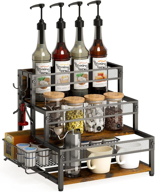 LOTEYIKE 3 Tier Coffee Syrup Rack Organizer, 12 Water Bottles Holder Stand Liquor Cabinet Storage, Wine Rack Countertop Storage Rack Coffee Bar Cabinet for Kitchen