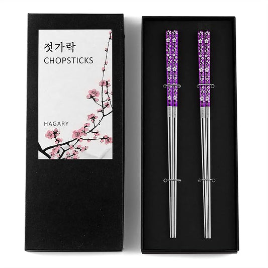 Hagary Cherry Blossom Rainbow Chopsticks Metal Chopsticks Reusable Designed In Korea Japanese Style Stainless Steel 316 18/10 Non-Slip Dishwasher Safe (Purple - 2 pairs)