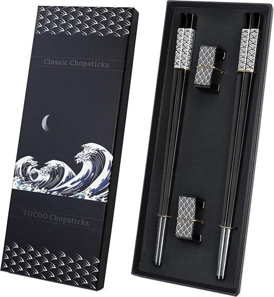 Metal Chopsticks Reusable 2 Pairs Titanium Plated Stainless Steel18/8 Chopsticks with Holder, Dishwasher Safe Lightweight Japanese Style Chopsticks Gift Set(Black)