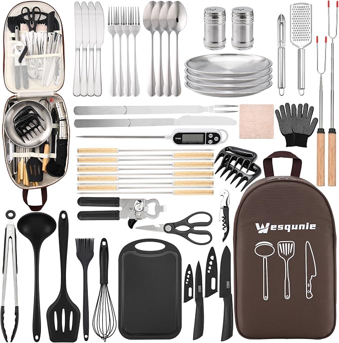 Camping Essentials Cookware Cooking Utensils Set - Portable Camp Kitchen Mess Kit Outdoor Accessories, Stainless Steel & Silicone, Camping Gear Equipment for RV Picnic Grill,Brown Pro | Stainless Steel & Silicone Mess Kit, Durable Outdoor Kitchen Gear ...