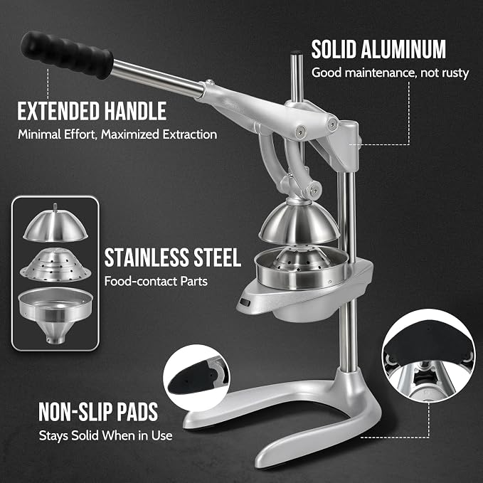 Manual Juicer, Easy to Use, Stainless Steel Juice Press for Citrus Fruits | Extended Handle, Max Extraction, Dishwasher Safe, Extra-Large, Squeeze Multi-Fruits, Ideal for Home, Travel, Commercial Use