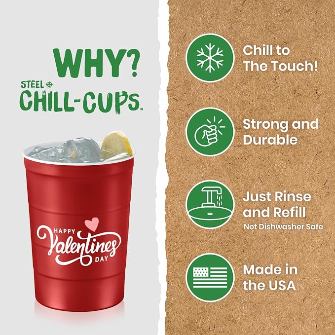 Steel Chill Cups 16 oz. Reusable Party Cups, Valentine's Day, 12 Count | Made in USA from Steel these durable cups chill fast & keep your drink cold for longer, 100% recyclable for sustainablity