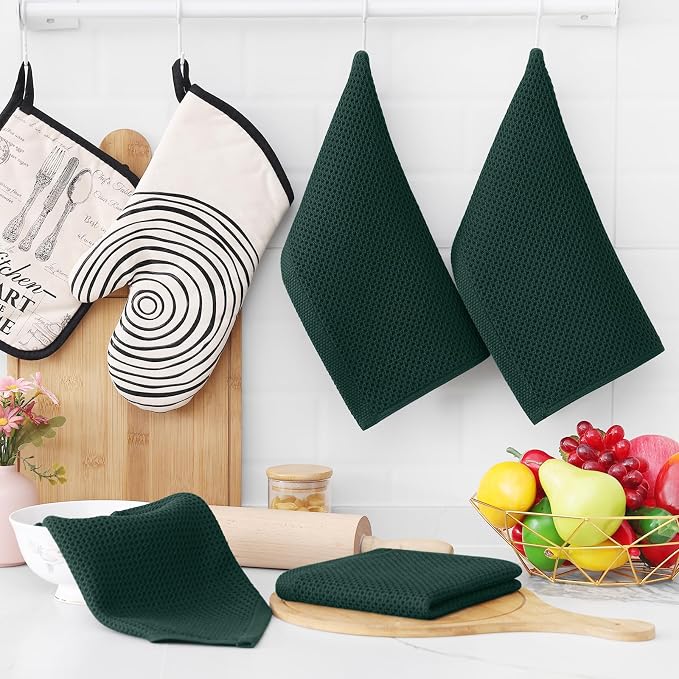 Homaxy 100% Cotton Waffle Weave Kitchen Dish Cloths, 4-Pack, Blackish Green | 12 x 12 Inches, Ultra Soft Absorbent Dish Towels, Quick Drying Dish Rags with Hanging Loop