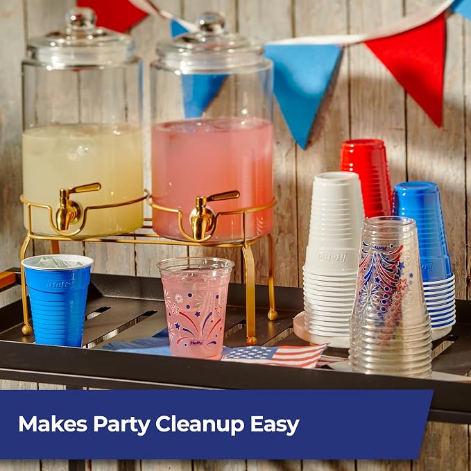 Hefty Party On Disposable Party Cups, Patriotic Color Pack, 76ct | American Themed Assortment, 16oz Red White and Blue and 18oz Festive Clear Cups, Great for Summer and July 4th Celebrations
