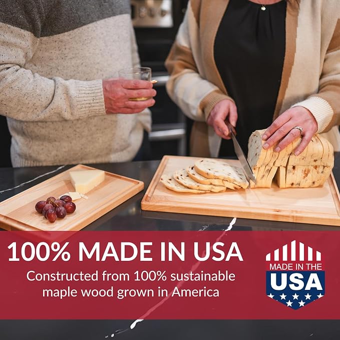 Made in USA Large Solid Maple Wood Cutting Board by Virginia Boys Kitchens - Butcher Block Wooden Carving Board with Juice Groove made from Sustainable North American Hardwood (20x15)