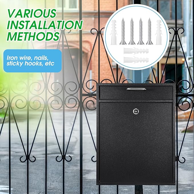 Yaocom Locking Mailbox with Key for Outdoor 18 x 15 x 7 Inches Large Wall Mount Mail Box with Lock Security Mail Drop Metal Collection Boxes Hanging Secure Postbox(Black)