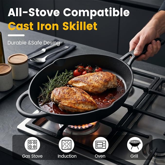 10 Inch Cast Iron Skillet, Pre-Seasoned Frying Pan with Dual Pour Spouts | Heavy Duty Cast Iron Pan for Steak, Eggs and Bacon, Works on Stovetop, Oven, Grill, Induction and Campfire, 3-Quart Capacity.