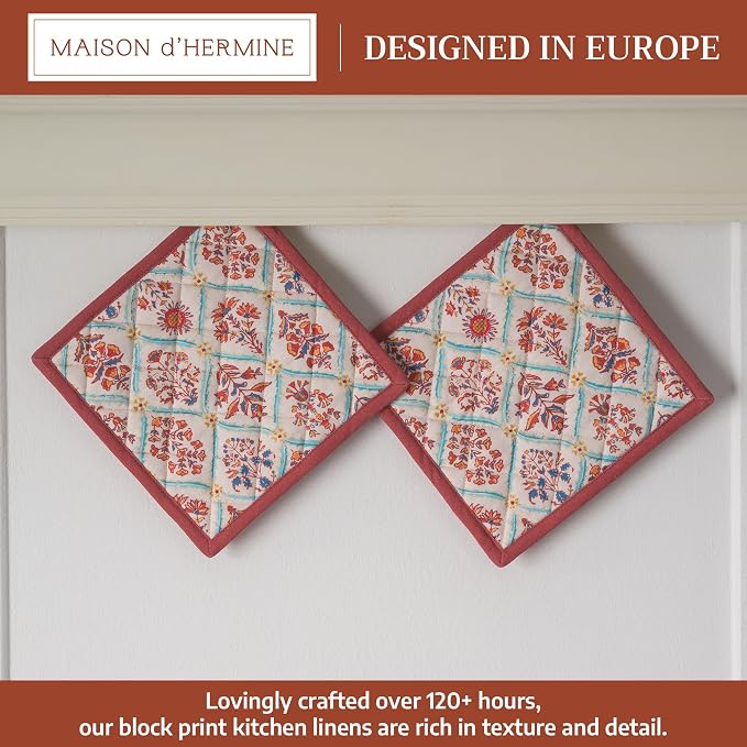 Maison d' Hermine Pot Holders 100% Cotton Potholders (8" x 8", Pack of 2) | Heat Resistant Hot Pads with Loop BBQ Cooking Baking Hotel Kitchen Handling Hot Pans Thanksgiving Christmas - Romane