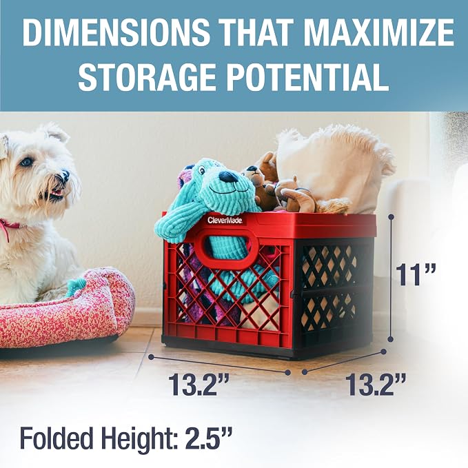 CleverMade Collapsible Milk Crate, Red, 1PK - 25L (6 Gal) Stackable Storage Bins, Holds 50lbs Per Bin - Clevercrates are Heavy Duty, Plastic Collapsible Storage Crate for Multi Purposes | Organize Files, Groceries, and Gear in One Crate | Built-In Rail...