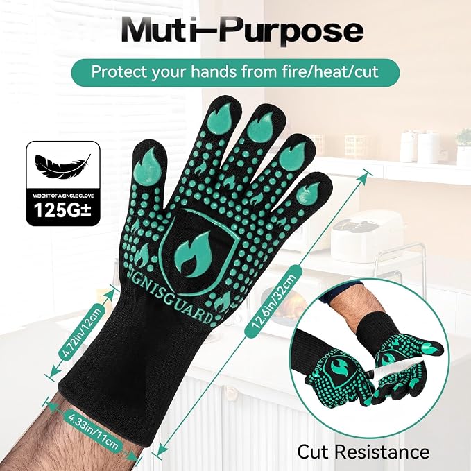 BBQ & Grill Gloves, Oven Gloves, 1472°F Silicone Oven Mitts Heat Resistant Grilling Gloves Fireproof Non-Slip for Barbecue Cooking Baking Smoking, 1-Pair (Green, Medium)