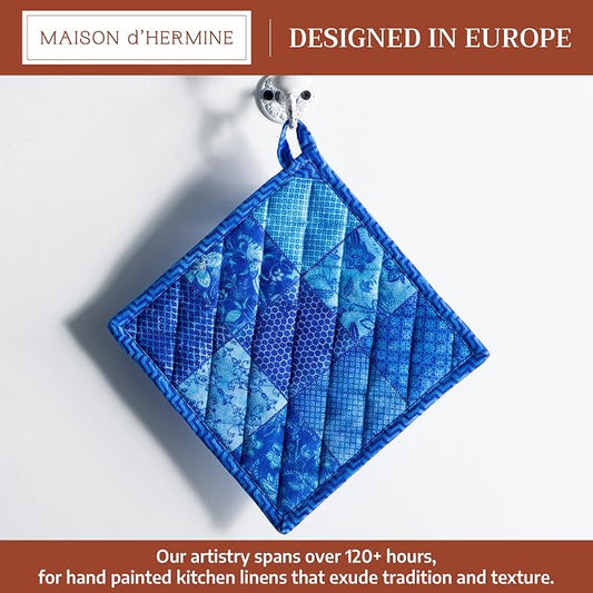 Maison d' Hermine Pot Holders 100% Cotton Potholders (8" x 8", Pack of 1) | Heat Resistant Hot Pads with Loop BBQ Cooking Baking Farmhouse Kitchen Handling Hot Pans Spring Summer - Indigo Love