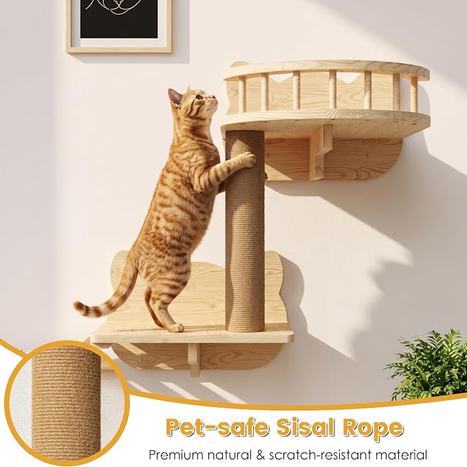 16-in-1 Cat Wall Shelves, Solid Pine Wood Cat Climbing System with Tunnel, Perch, Bridge, Condo and Sisal Scratching Post, Indoor Wall-Mounted Furniture for Cats