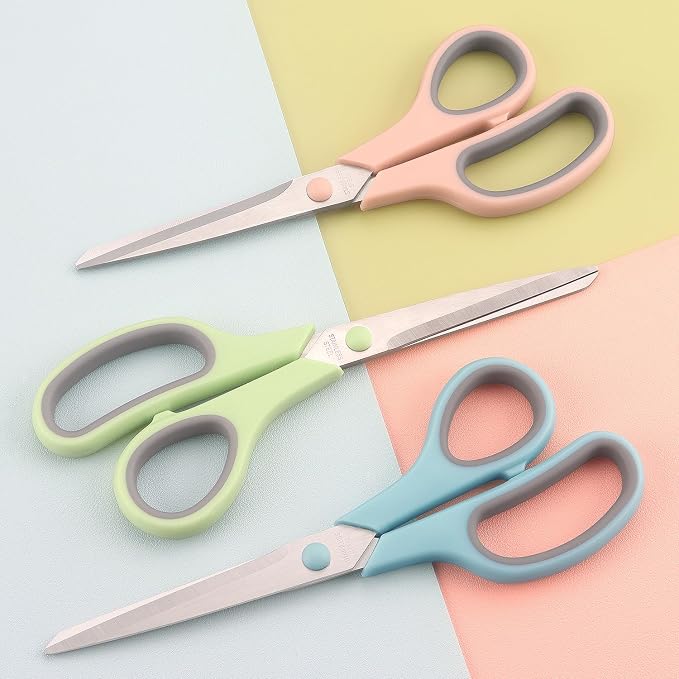 LONGKEY 8.5" Pastel Scissors 3-Pack, Ultra Sharp Stainless Steel, Gray | Soft Comfort-Grip Right/Left Hand
