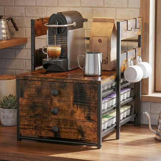 K Cup Holder Organizer for Countertop, 3-Drawer Coffee Pod Holder with 8 Removable Mug Hooks, Holds Up to 80 Pods, Coffee Station Organizer for Kitchen, Coffee Bar, Office