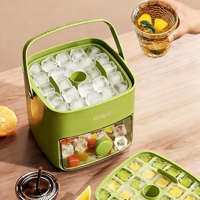 Ice Cube Maker, Ice Cube Tray with Lid and Bin, Portable Small Ice Maker, Handled Press-Type Ice Cube Trays for Freezer with Bucket Tongs for RV, Office, Mini Ice Cube Trays, BPA-Free (Green)
