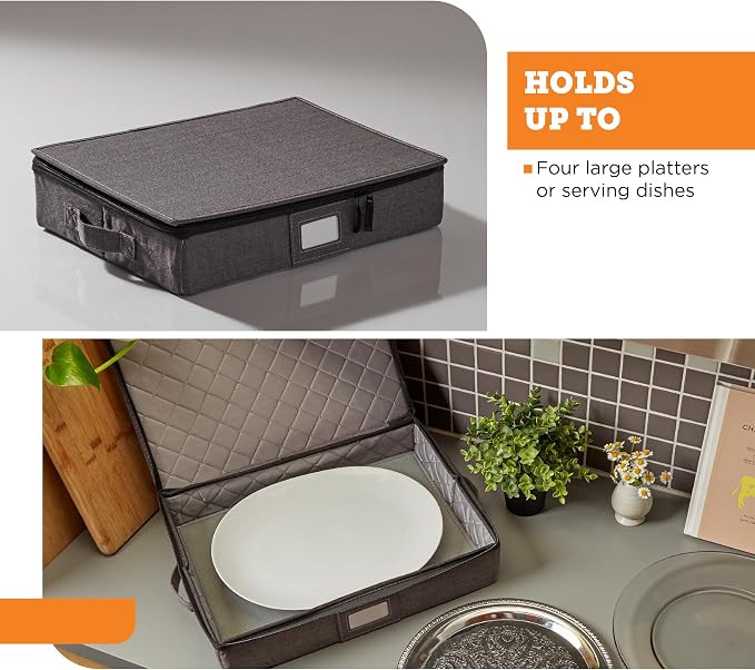 storageLAB Hard Shell Platter Storage Container | Felt Dividers | Gray | Hard shell platter case holds 4 large serving platters with felt dividers. Dual zippers, stackable, dust-free.