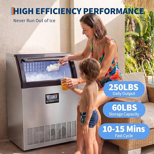 Commercial Ice Maker Machine 250lbs/24h, 60lbs Storage, 50 Ice Cubes/15 Mins, Adjustable Thickness, Built-in/Freestanding Ice Maker Self-Cleaning ETL Certified for Home Bar Restaurant