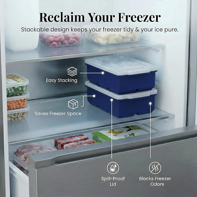 KitchFort® Large Silicone Ice Cube Tray (3-Pack), Easy Release 2" Big Ice Cubes - Cocktail, Whiskey Ice Cubes Mold - Ice Trays for Freezer with Lid - Stackable Silicone Ice Tray - Navy Blue