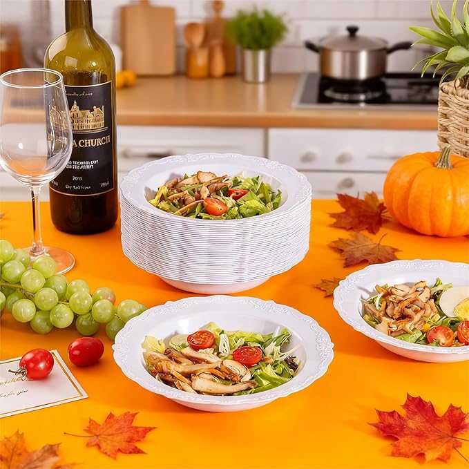 DaYammi 50 Pack Plastic Bowls, 12oz Disposable Soup Bowls, Heavy Duty Dinner Bowls for Weddings, Parties, Dinners, Catering and Everyday Use