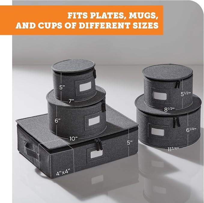 storageLAB 5-Piece Premium China Storage Set | Plates & Mugs | Gray | Full china set for 12 - 4 plate cases + mug case, flip-top lid. Hard shell, felt dividers, stackable, easy access.