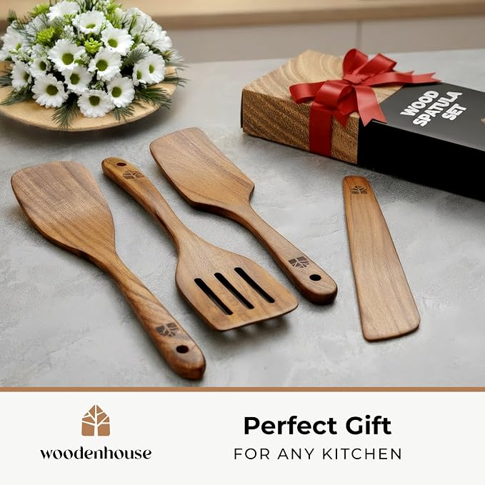 Wooden Spatula for Cooking, Teak Wood Set of 4 for Non Stick Frying Pan | Includes Paddle, Turner, Slotted Spurtle & Scraper – Long Ergonomic Handles, Scratch-Free Design