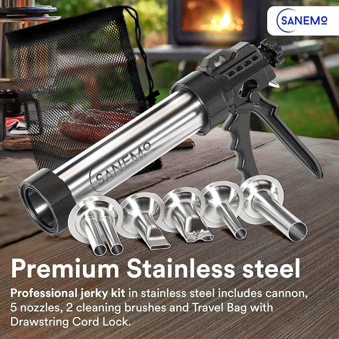 SANEMO Large Capacity Jerky Gun for Ground Meat - Easy to Use/Clean 1.5 LB Sausage Gun & Beef Jerky Maker Kit with 5 Stainless Steel Nozzles, 2 Cleaning Brushes, and 1 Mesh Bag for Easy Carrying.