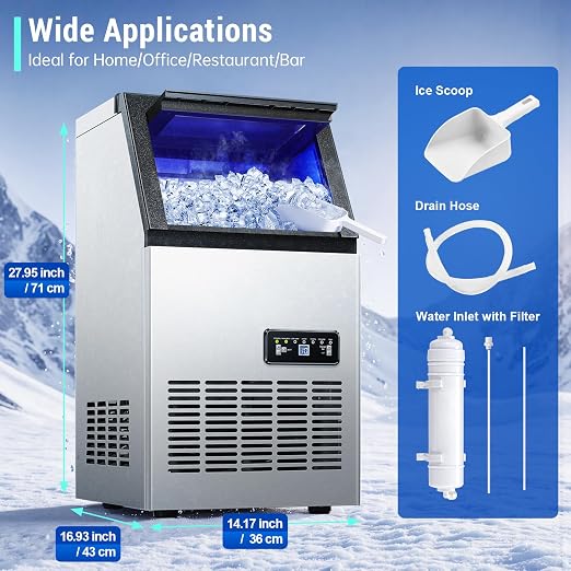 Amzgachfktch Commercial Ice Maker 120lbs/24H with 2 Water Inlet, Ice Maker Machine with 33lbs Storage, Auto Self-Cleaning, Under Counter/Freestanding Ice Maker for Home Shop Bar