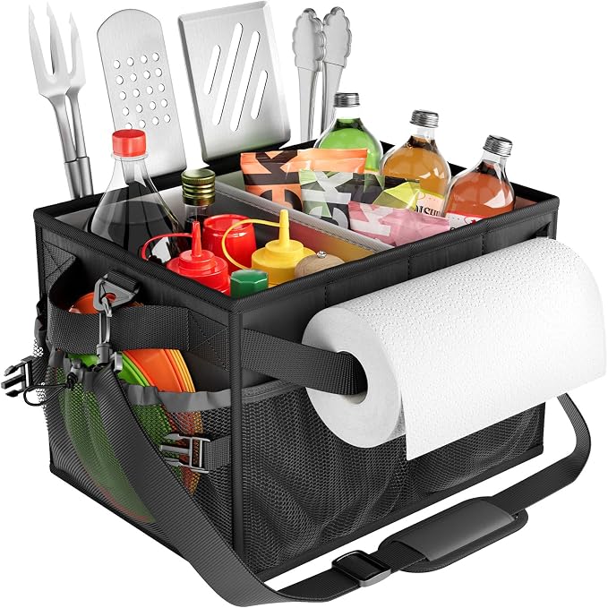 Grill Caddy, Foldable BBQ Caddy with Paper Towel Holder, Black | 11 Compartments, Easy-Clean Aluminum Interior, 1680D Oxford Fabric, Water-Resistant, Shoulder Strap Included, Tailgating