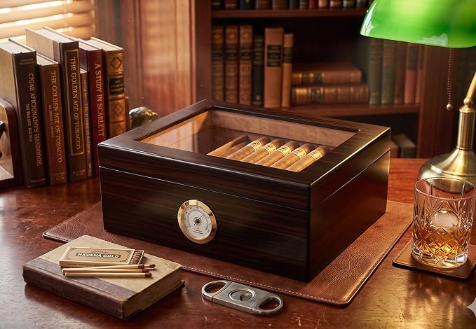 Premium Cigar Humidor - Holds 25-50 Cigars, Spanish Cedar Wood with Ebony Black Finish, Shatter-Resistant Glass Top, Built-In Hygrometer, Humidifier & Divider Included - 10.25" x 8.75" x 4.5"