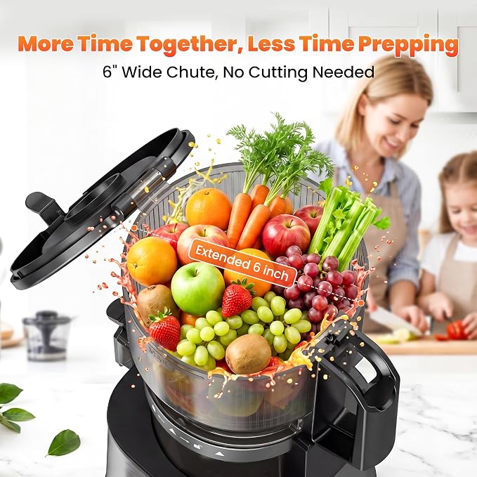 TECHRISE Cold Press Juicer – 6" Wide Chute Fits Whole Fruits & Veggies, Slow Juicer with Ice Cream Maker, 300W Motor, Easy Cleanup, Blade-Free Safety – Bring the Goodness Home for Your Family
