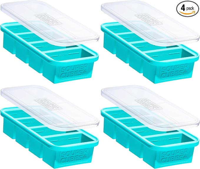 Souper Cubes 1 Cup Silicone Freezer Molds - Soup Cubes Perfect for Freezing Broth, Rice, Leftovers and More - Silicone Freezer Trays with Lids for Meal Prep - Aqua - 4-Pack