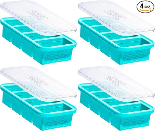 Souper Cubes 1 Cup Silicone Freezer Molds - Soup Cubes Perfect for Freezing Broth, Rice, Leftovers and More - Silicone Freezer Trays with Lids for Meal Prep - Aqua - 4-Pack