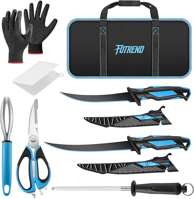 Fillet Knife Kit Combo,Fishing Gear and Gifts for Men | Fishing Knives with Sheath,and Honing Rod,Ultra-Sharp G4116 Blades,Corrosion-Resistant,Non-Slip Handle,Durable Storage Bag